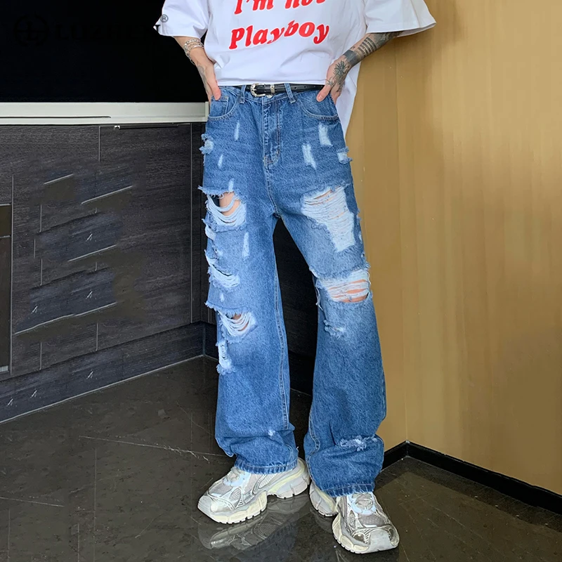 

LUZHEN Men's Style Jeans Straight Out Niche Worn Korean Tube Broken Hole Denim Pants High Street Wide Leg Jean Trousers 23b5d4