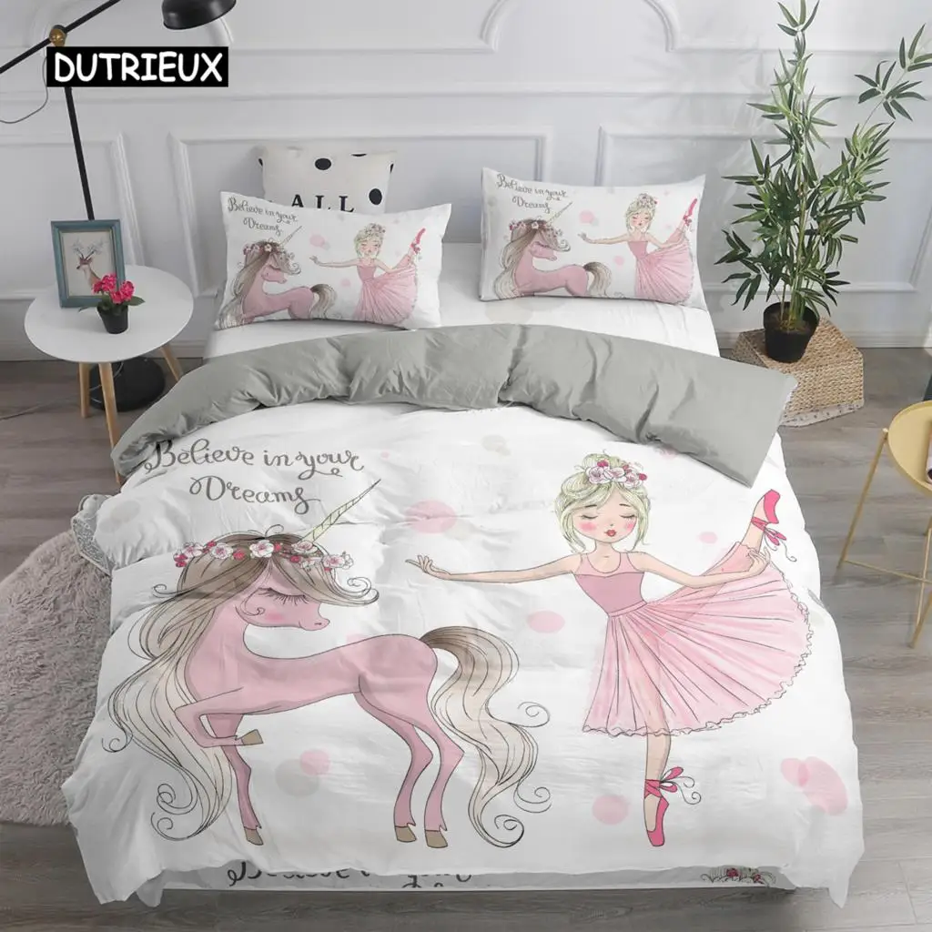 Ballet Dancing Girl Duvet Cover Cartoon Lovely Ballerinas Bedding Set Cute Princess Girls Quilt Cover For Children Kids Baby