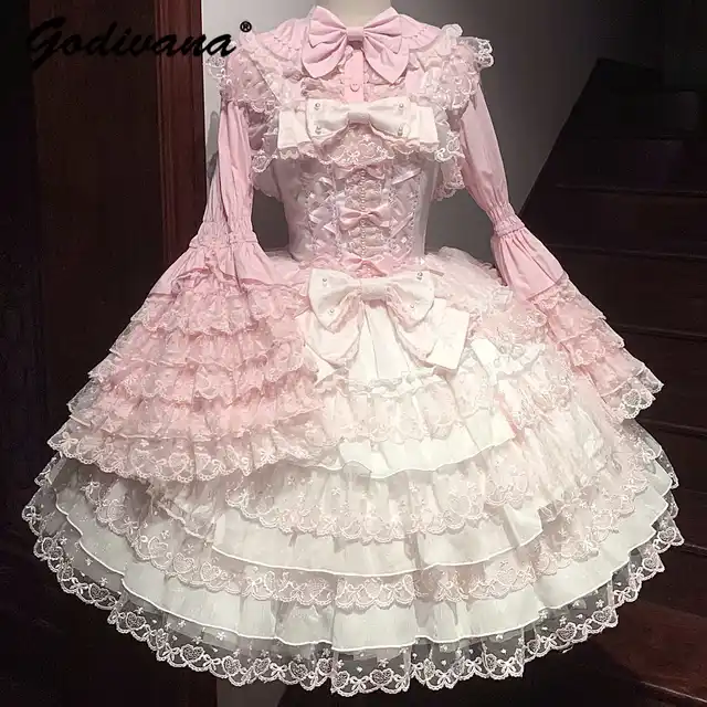 Original Design Lolita Jsk Suspender Dress Sweet Girl Women's Long Sleeve Inner Shirt Cute Princess Sling Cake Dress with Cape