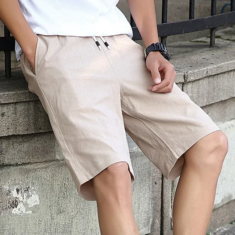 2025 Summer Men's Beach Linen Cotton Shorts  5 Inch Inseam Casual Elastic Waist Beach Shorts for Outdoor Gym Travel