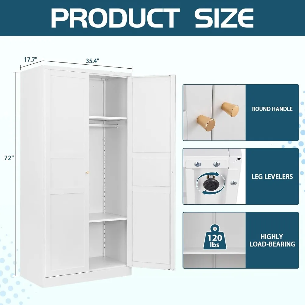 Wardrobe Closet with 2 Doors, 72" Metal Clothing Storage Cabinets with Hanging Rod, Bedroom Armoires Laundry Room and Office Cl 2