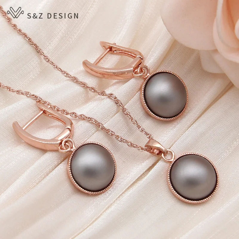 S&Z DESIGN New Fashion Round Simulated-pearl Dangle Earrings Jewelry Sets For Women 585 Rose Gold Color Pendant Necklace