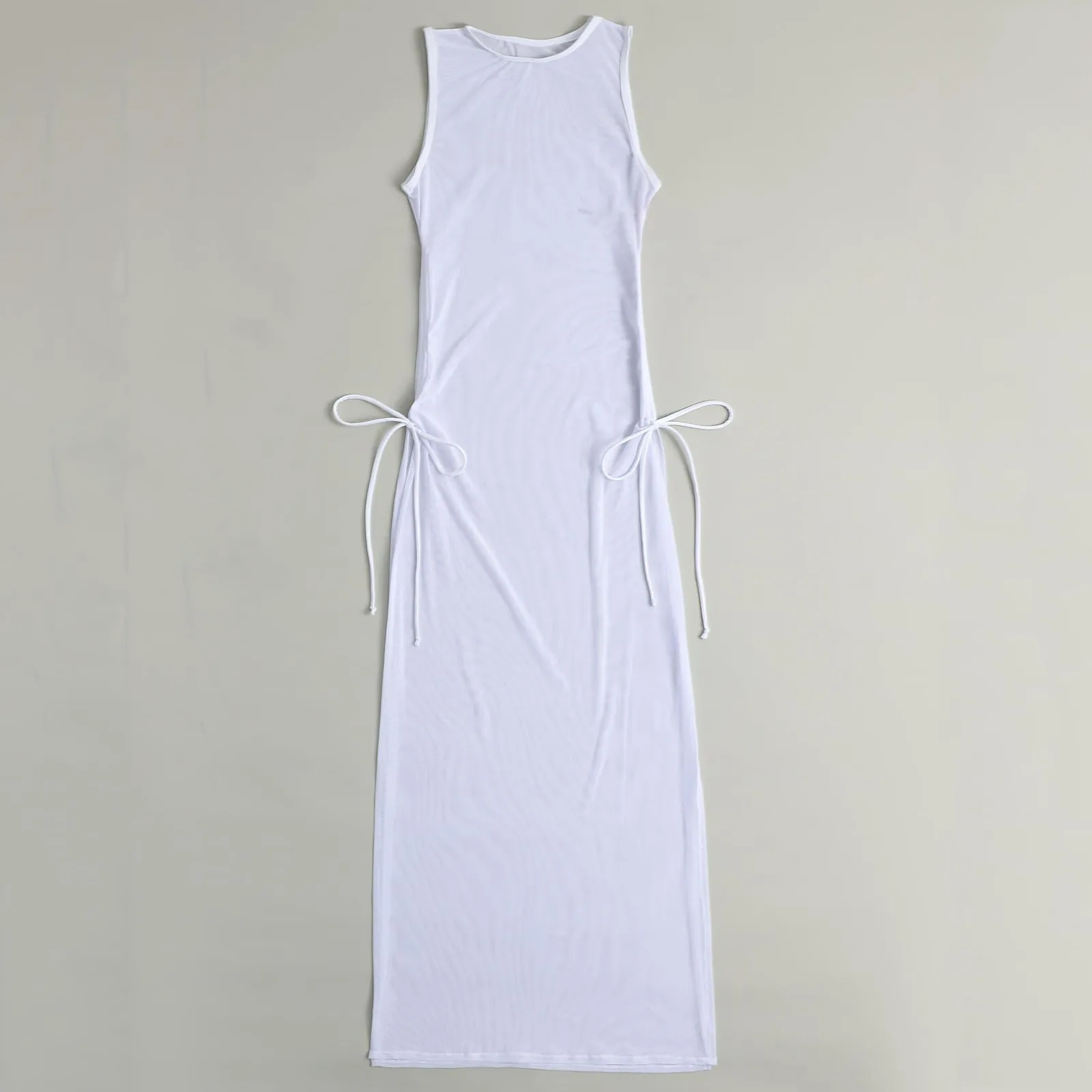 O-Neck Side High Split Shirring Cover Up Dress Women Mesh Transparent Sleeveless Sunscreen Dress Vacation Beach Wear swimsuit cover up,swimsuit coverup,fishnet cover up