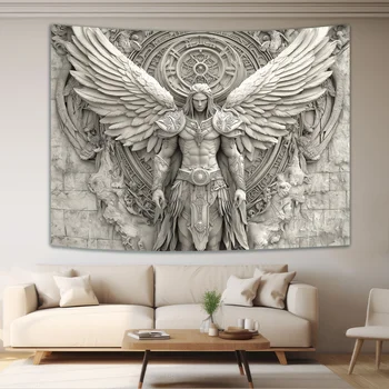 🪽 3D Angel Tapestry – Elegant Stone Carving Design in Polyester 1