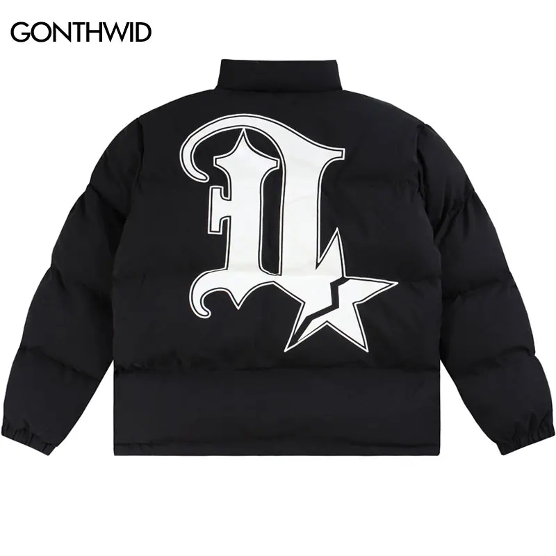 

Mens Winter Parkas Jackets Streetwear Hip Hop Letter Print Thicken Warm Bubble Padded Double Zipper Coats Harajuku Puffer Jacket
