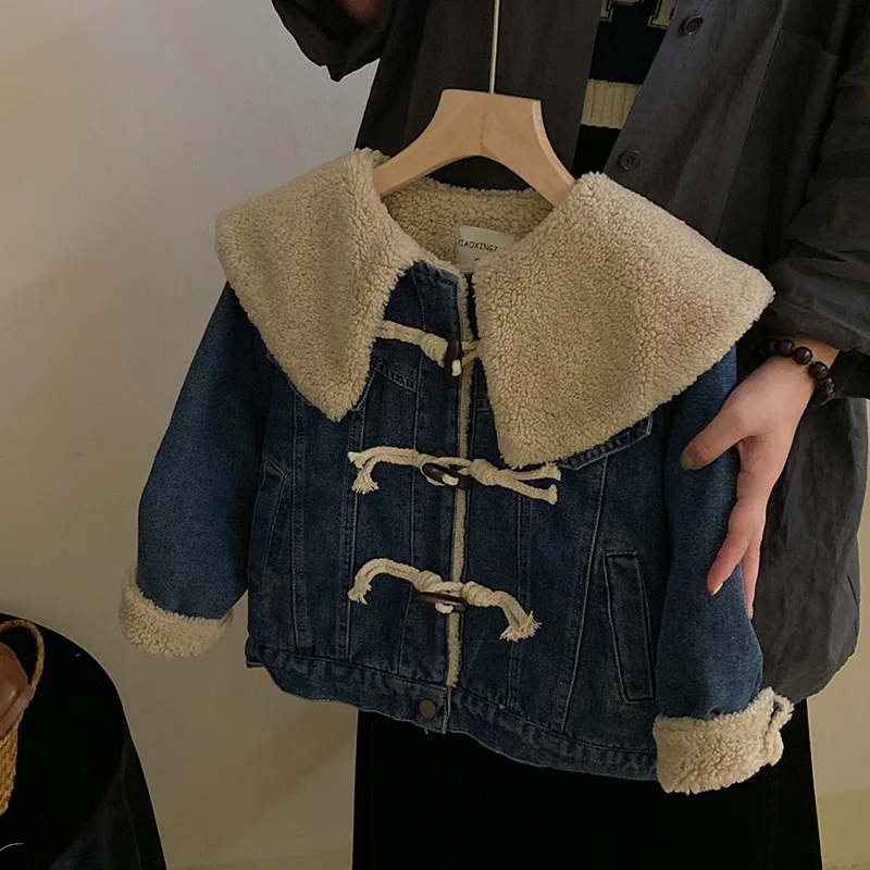 

Child Kids Winter Clothes New Plush and Thick Denim Jacket for Children Loose Casual Pants Outerwear