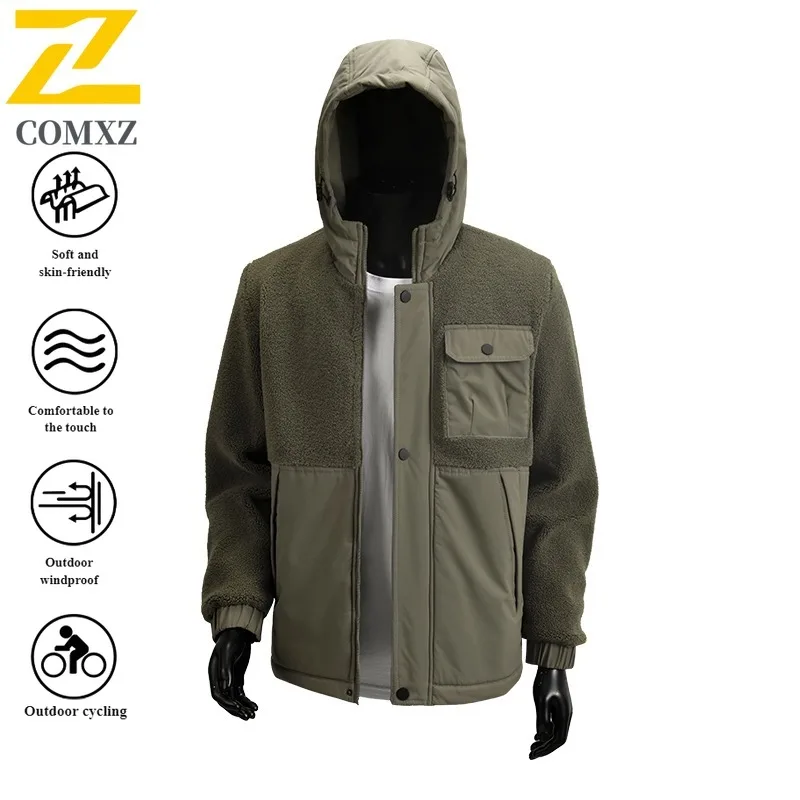 Autumn Winter Men's Hooded Jacket Zip-Up Style  Multiple pockets Loose Fit Thermal Waterproof Windproof Coat for Hiking Camping
