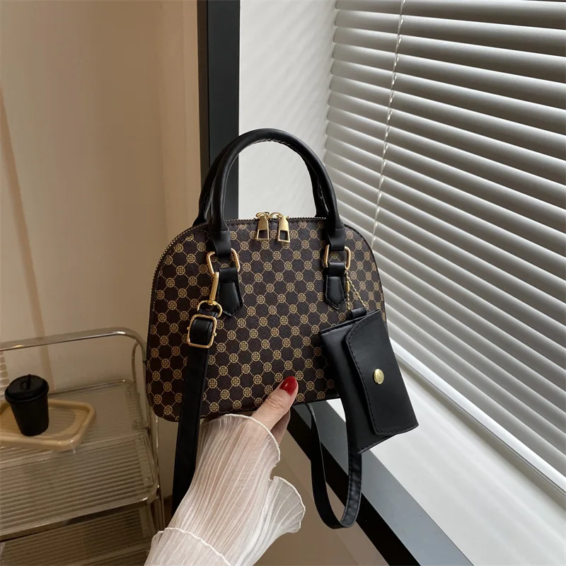 Luxury Shell Fashion Women's Handbag Simple Shoulder Bag Plaid Print Crossbody Bag with Mini Purse