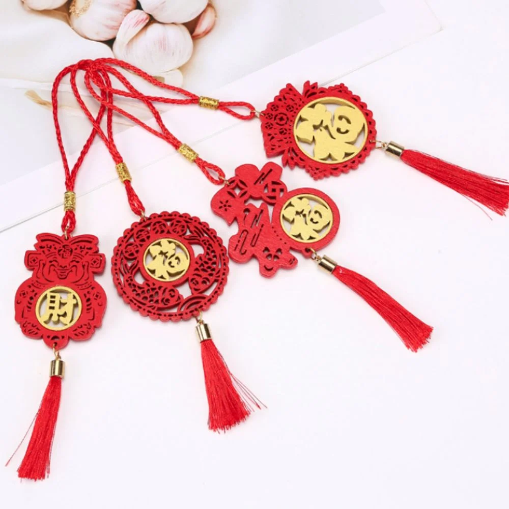 Wood Spring Festival Bonsai Pendant Blessing Word Red Lunar New Year Hanging Ornament Hollow Laser Engraved Car Pendant Gift