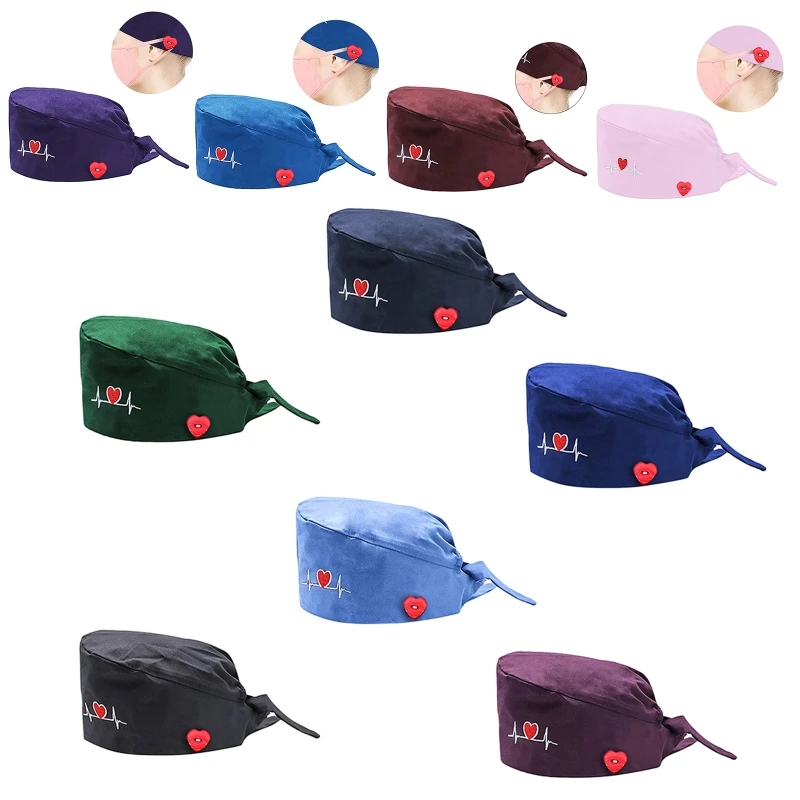 

Solid Color Women Cap with Buttons Lace-up Scrub Bouffant Hat Surgicals Cap