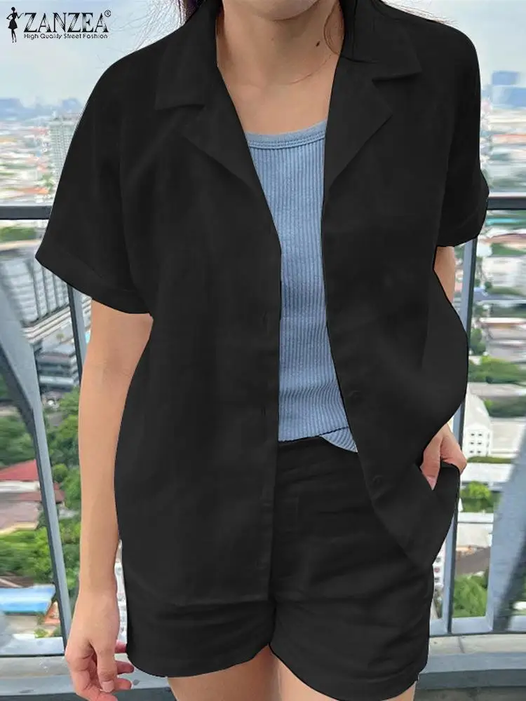 

ZANZEAElegant Lapel Neck Short Sleeve Tops Pants Sets 2PCS Fashion Women Solid Work Suits Urban Tracksuit Summer Short Sets
