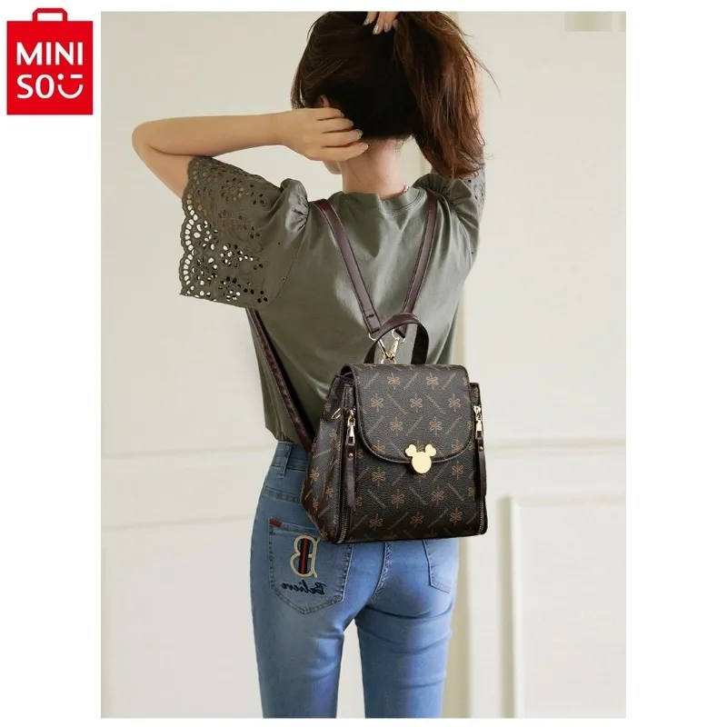 MINISO Disney Retro Classic Mickey Lock Travel Backpack Women's High Quality Large Capacity Casual Multi functional Storage Bag
