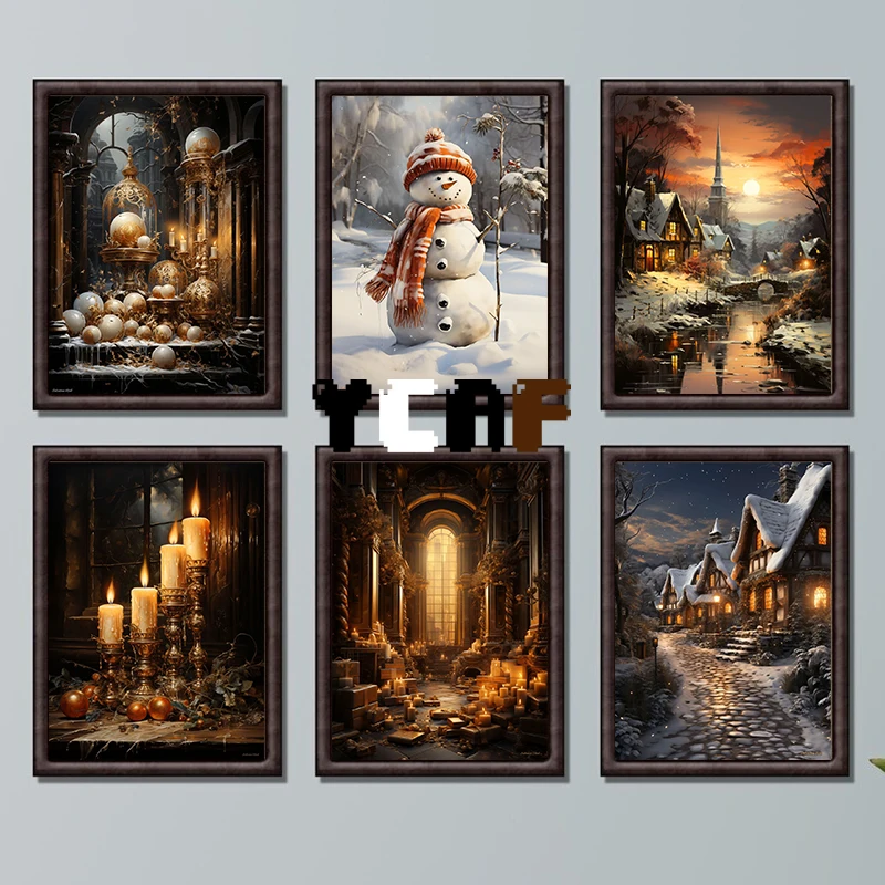 Golden Winter Snow Landscape Village Poster Canvas Printing Warm Winter Home Room Wall Art Decor Village Landscape Wall Decor
