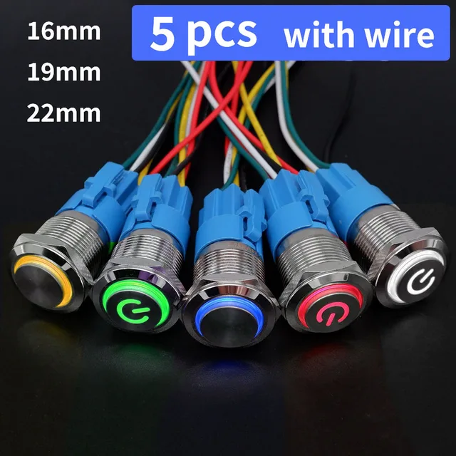 Interrupteur Bouton-poussoir Momentané - 2 Pièces, 19mm, IP67 étanche - LED Bleue, 12V/24V 5A - Avec Câble Pré-câblé