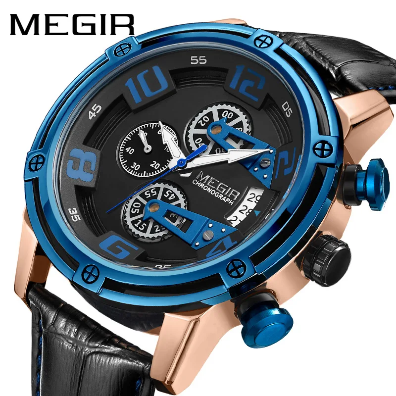 

MEGIR Brand Quartz Men Watch Luxury Personality 2023 New Creative Mens Watches Leather Strap 30M Waterproof Relogio Masculino