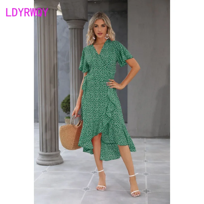 

Summer New Sexy V-neck Irregular High Waist Lace Up Flying Sleeves Chiffon Printed Dress