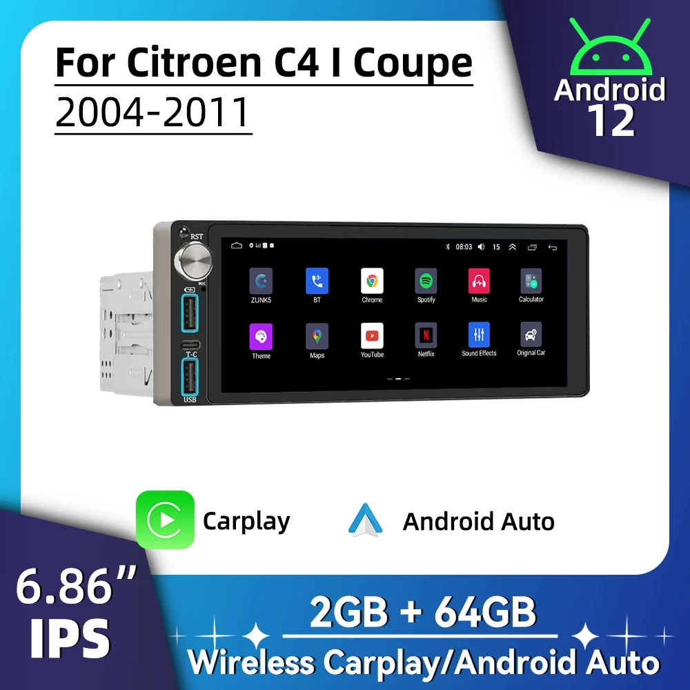 

6.86" Screen Android Car Multimedia for Citroen C4 I Coupe 2004-2011 1 Din Radio Stereo Head Unit Carplay Autoradio GPS BT WIFI