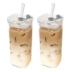 Square Heat Resistant Glass Coffee Cup with Lid and Straw - 400ml (2pcs clear)