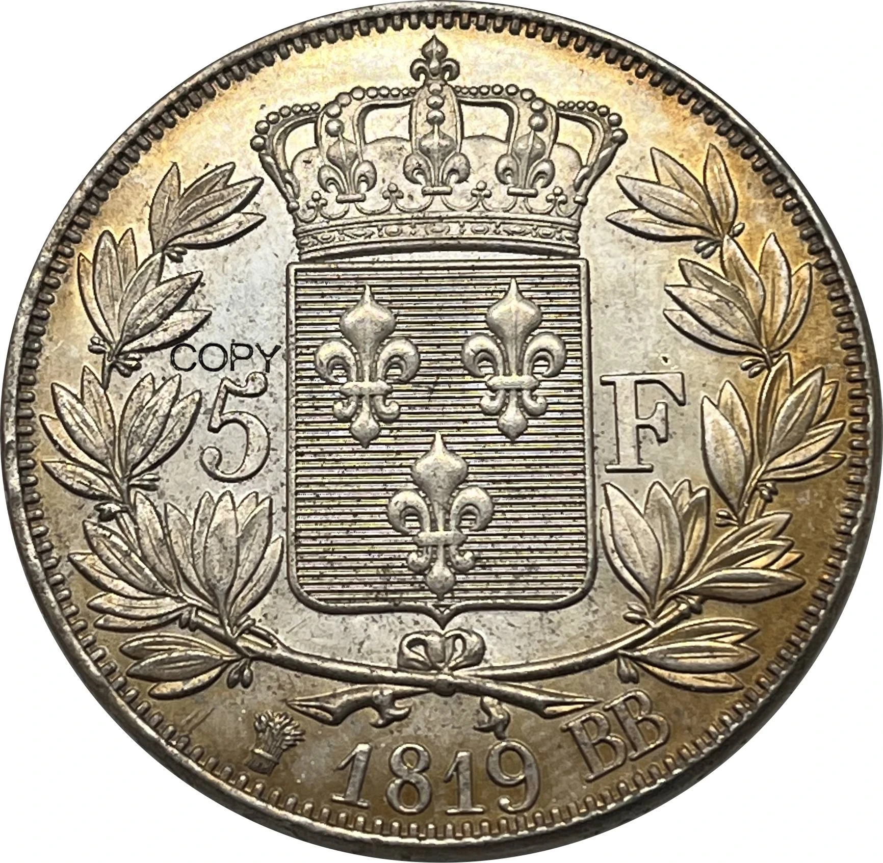 France 1819 BB 5 Francs Louis XVIII Silver Plated Copy