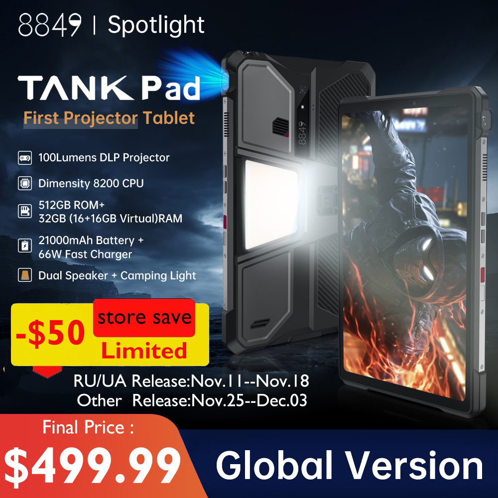 8849 TANK PAD Unihertz Rugged Projector Tablet Smartphone 10.95 inch 120Hz 32GB 512GB 21000mAh 32MP+50MP 66W Phone Tablet