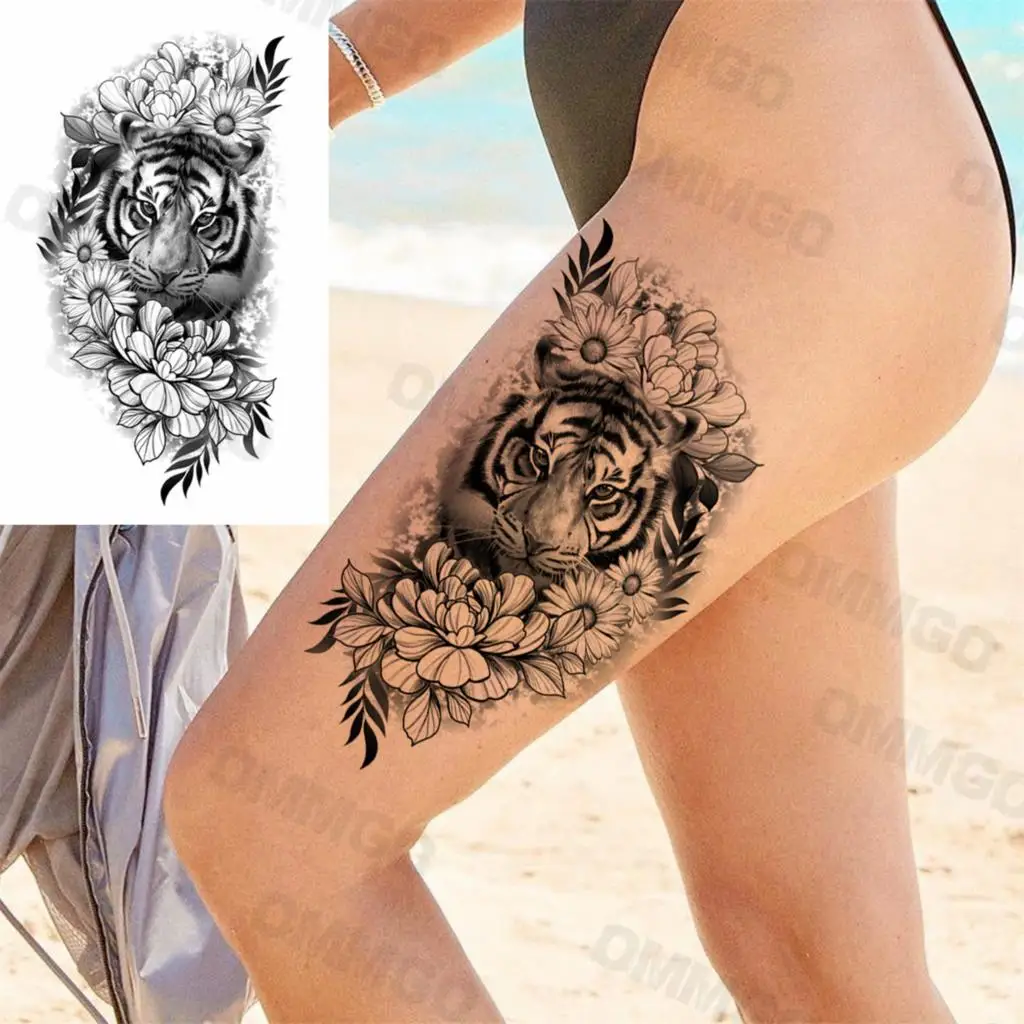 Tatouage Tigre Femme Cuisse Faux Tatouage Temporaire Réaliste Pour Femme, Marguerite, Tigre, Cuisses,  Fleur Rose, Serpent, Peinture D'art Corporel, Décalcomanie - Temporaire  Tatouages - AliExpress