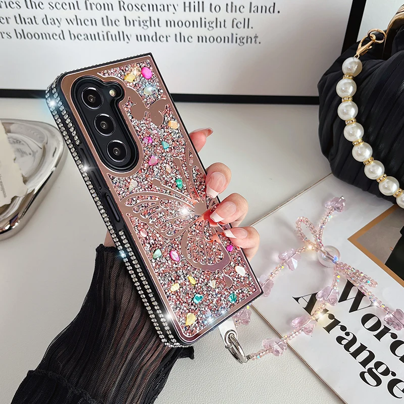 Bling Diamond Butterfly Crystal Bracelet Case For Samsung Galaxy Z Fold 6 Fold 5 4 3 Glitter Rhinestone Protective Cover