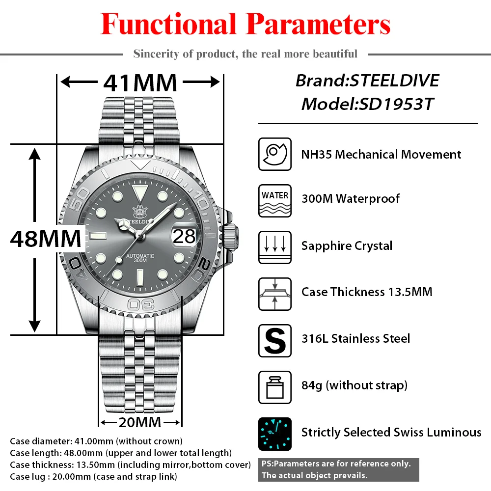 STEELDIVE SD1953T Fashion Mechanical Men's Watches Swiss BGW9 Luminous NH35 Movement 30ATM Water Resistant Dive Date Clock Reloj