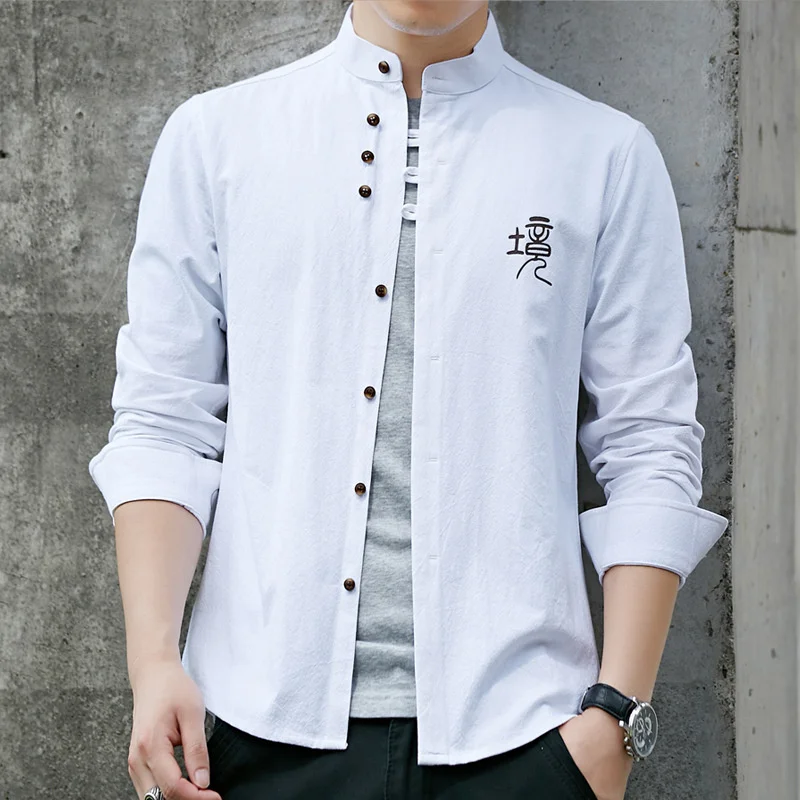 Big Size Long Sleeve Traditional Chinese Men Retro Casual Solid Color Kung Fu Tunic Tang Suit Stand Collar Clothes