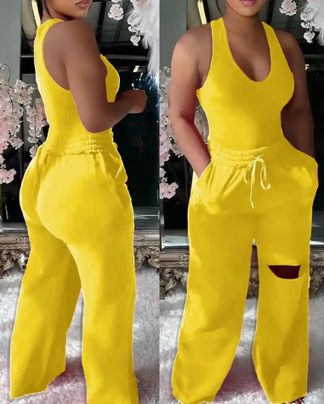 

Women's Two Piece Summer Fashion Casual Sexy U-Neck Sleeveless Tank Bodysuit and Pocket Drawstring Cutout Wide Leg Pants Set