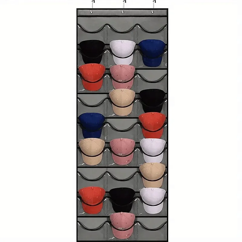 27 Pockets Hat Rack for Baseball Caps Over The Door Cap Organizer Hat Holder With Large Clear Pockets &3 Hooks Hat Storage 3