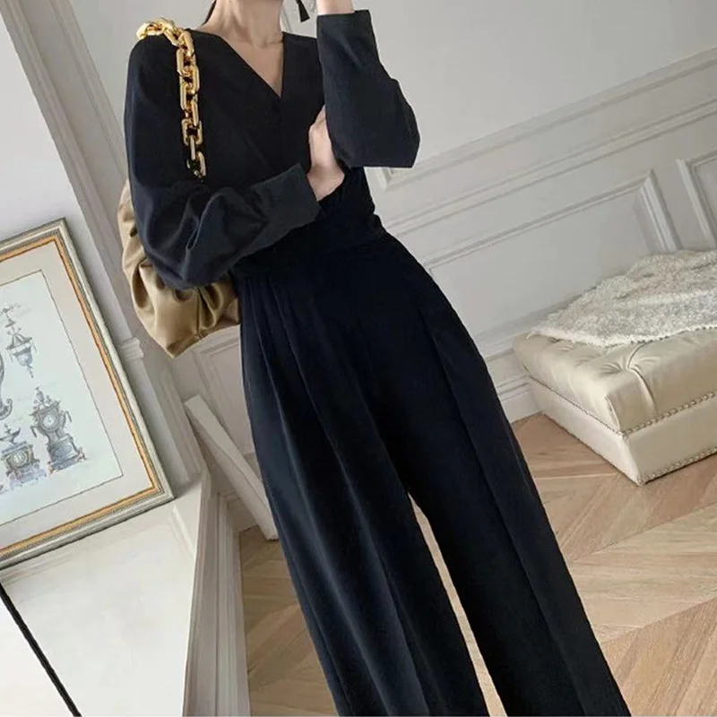 Office Ladies V-neck Full Sleeve Ladies Jumpsuit Elegant Temperament Slim Wide Leg Loose Jumpsuit Ladies Jumpsuit Spring 2023