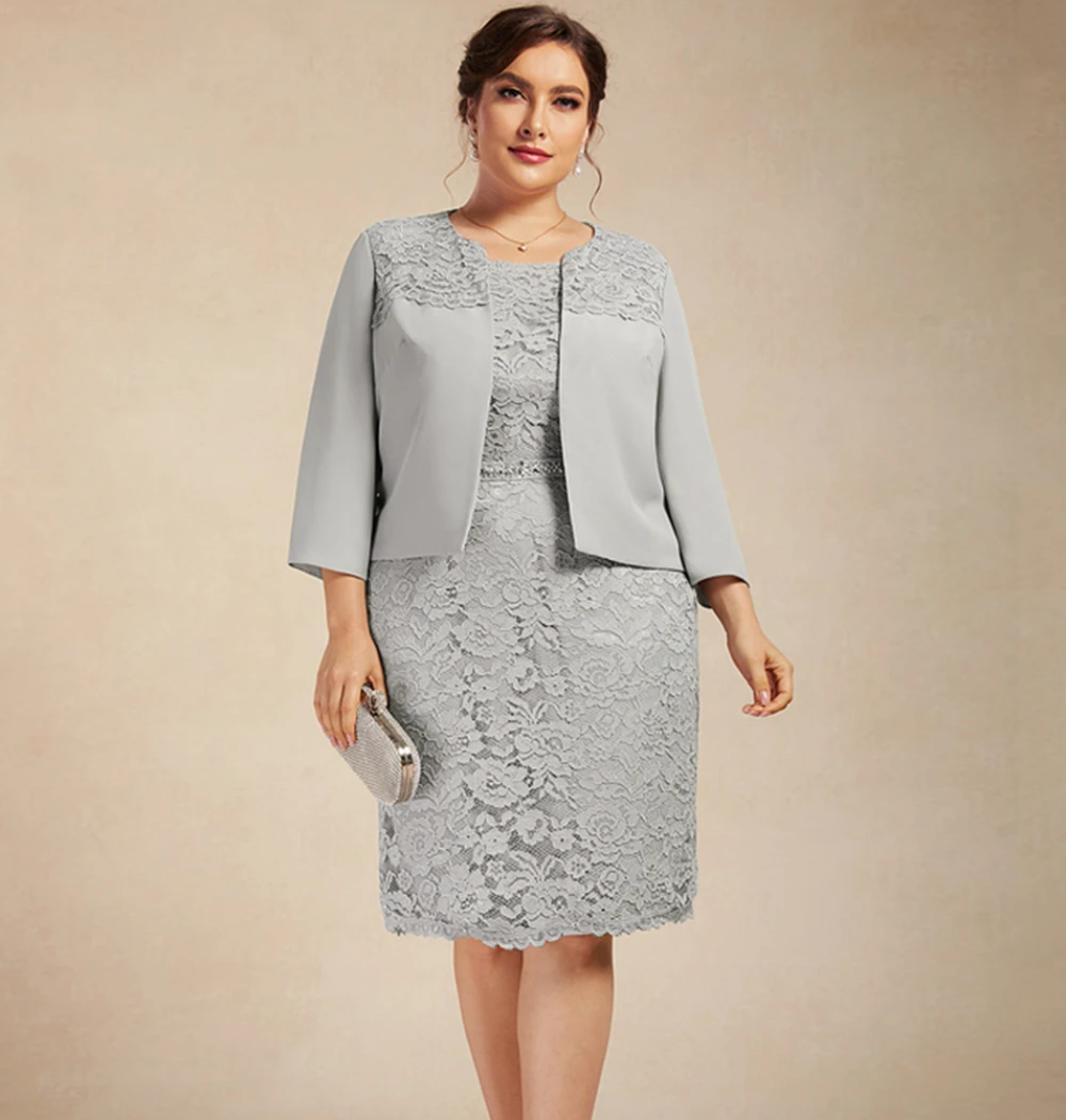 Classic Plus Size Mother of the Bride Dresses With Jacket O-Neck Sheath Knee-Length Lace Wedding Guest Prom Gown Party Dress Mother Bride Dresses