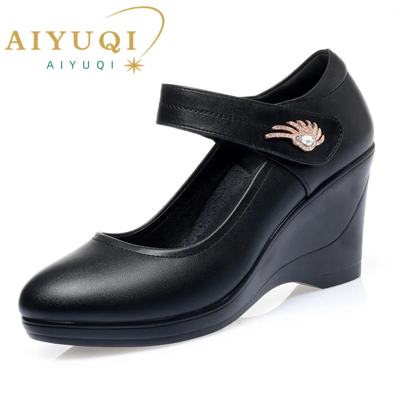 heel shoes gold	 AIYUQI Women's Shoes Platform Wedge 2021 New Women's Autumn Shoes High Heel Fashion Mid-aged Shallow Mouth Mother Shoes blue heels shoes High Heels