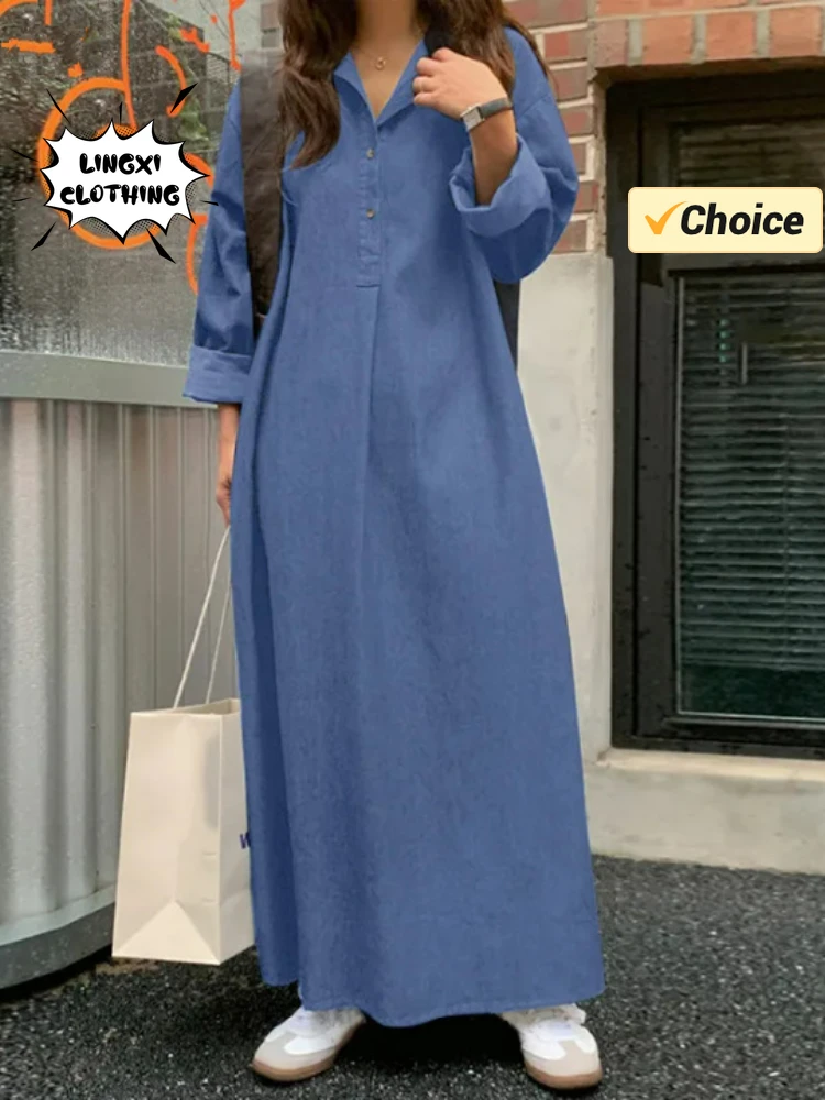 

2024 Summer Fashion Women's Elegant Korean Fashion Retro Street Long Sleeve Polo Collar Solid Color Long Blue Denim Dress