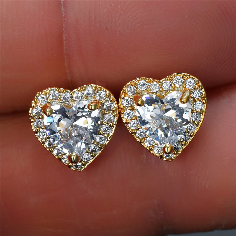 Cute Female Small White Crystal Zircon Stud Earrings Fashion Heart Wedding Jewelry For Women