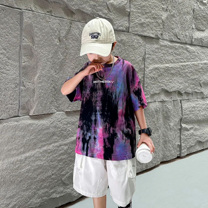 

Fashion Brand Tie-Dyed ChildrenTSummer Shirt2024New Year Loose Boys' Short-Sleeved Shirt Middle and Big Children's Half-Sleeved
