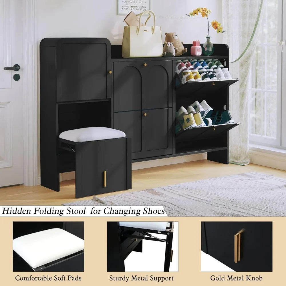 Modern Shoe Cabinet with 4 Flip Drawers, Large Shoe Storage Cabinet with Hidden Stool & Adjustable Shelves, Wood Shoe Rack Organ 5