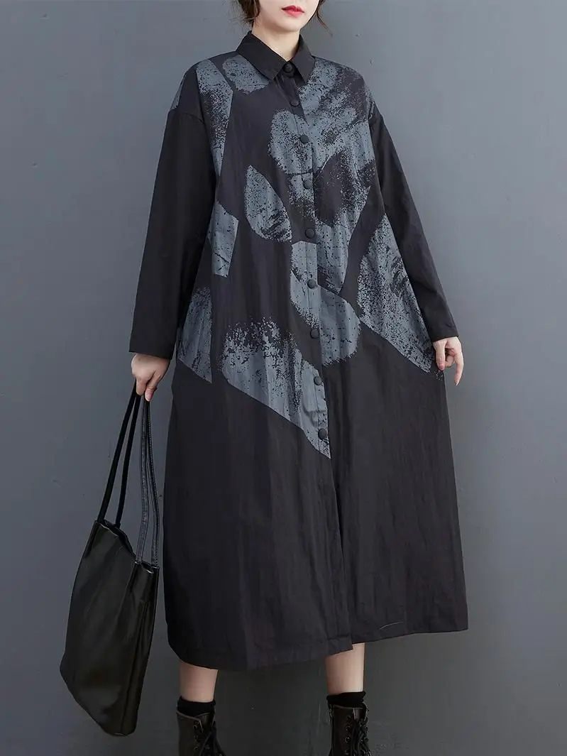 

Women's Literary Casual Windbreaker Mid-length Autumn And Winter 2022 New Loose Temperament Printed Long Sleeve Fashion Coat Top