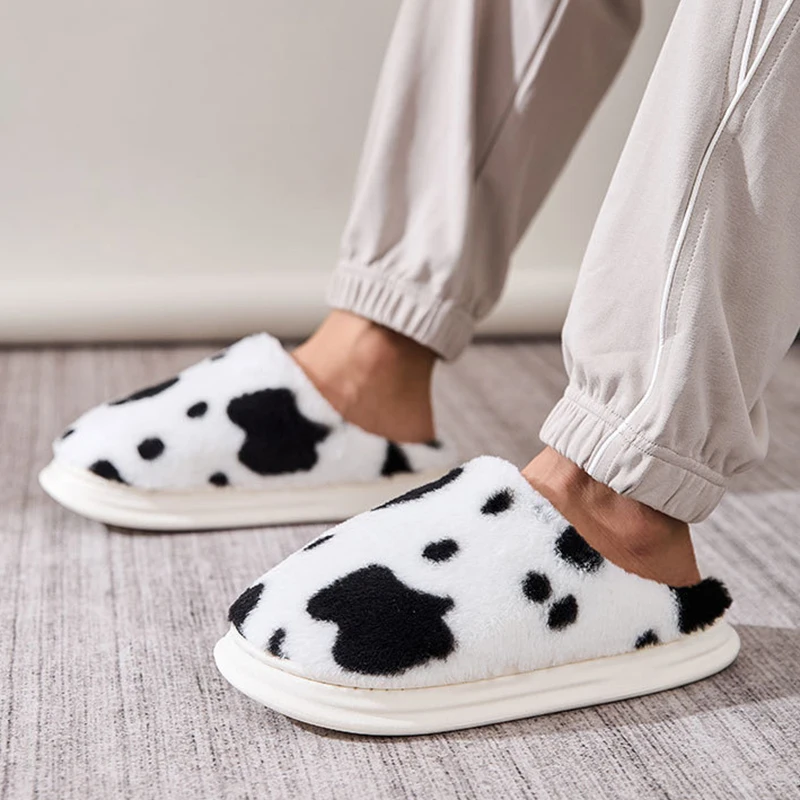 Cute Cow Spots Cotton Slippers for Women Round Toe Thick Sole Plush Slippers Woman Soft Faux Fur Warm Shoes Slides Female Winter