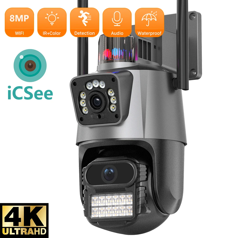 8mp 4k Outdoor Wifi Camera Dual Lens Auto Tracking Siren Alarm Dual