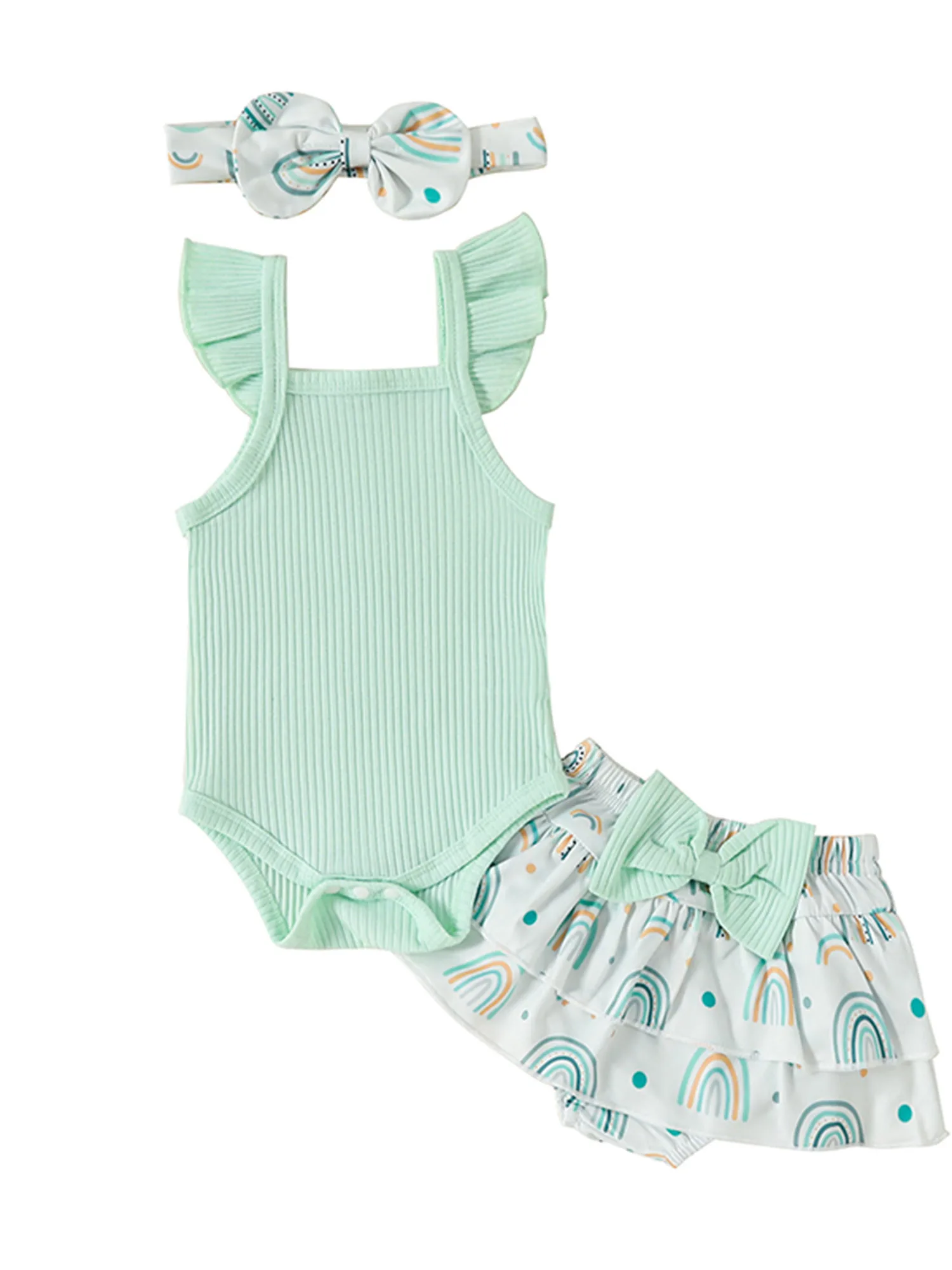 

Adorable Baby Girl Summer Set with Fly Sleeve Romper Rainbow Print Skirt and Bowknot Headband - Perfect Infant Outfit in