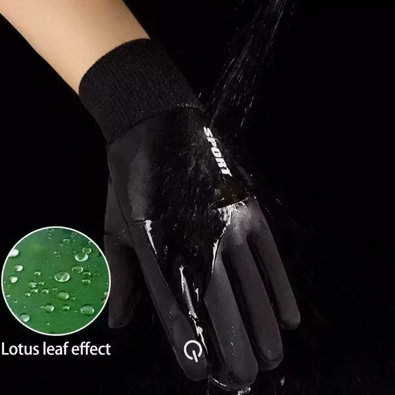 Black Winter Warm Full Fingers Waterproof Cycling Outdoor Sports Running Motorcycle Ski Touch Screen Fleece Gloves 2