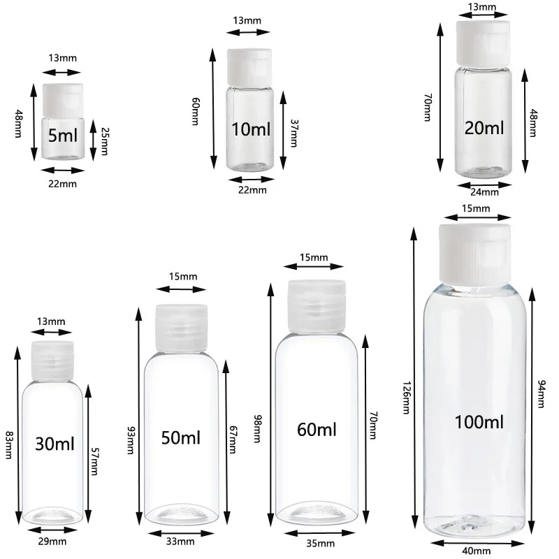 10-Piece Set of Leak-Proof Refillable Travel Bottles with Flip Caps (5ml-100ml)