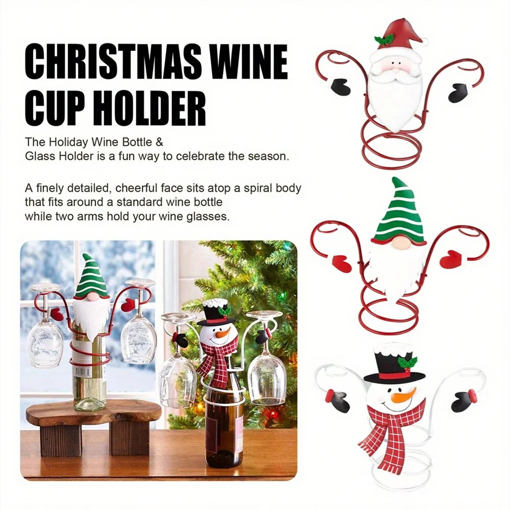 Christmas Wine Bottle Holder with Glass Rack 2 in 1 Festive Party Decor Gift Santa Standing Holder for Bottle & Glasses