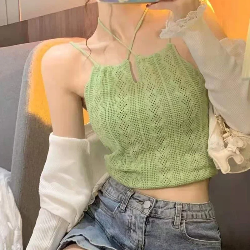 

Women Green Sexy Halter Tank Tops 2023 Summer Hollow Out Knitted Solid Cropped Tops Ladies Strappy Camisole Crop Top For Women