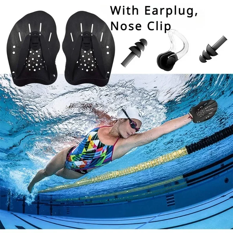 2 Sets Swim Hand Paddles With Ear Plugs & Nose Clip – Contoured Training Paddles For Men & Women