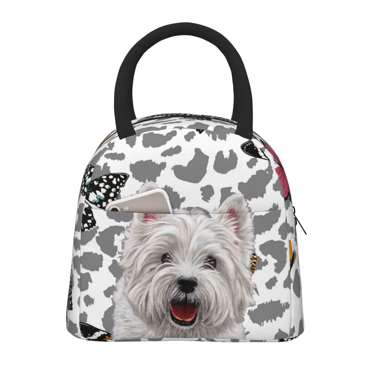 

Westie Portable Lunch Bag Butterfly Pattern Print Thermal Insulated Lunch Box Tote Cooler Handbag Bento Pouch Food Container