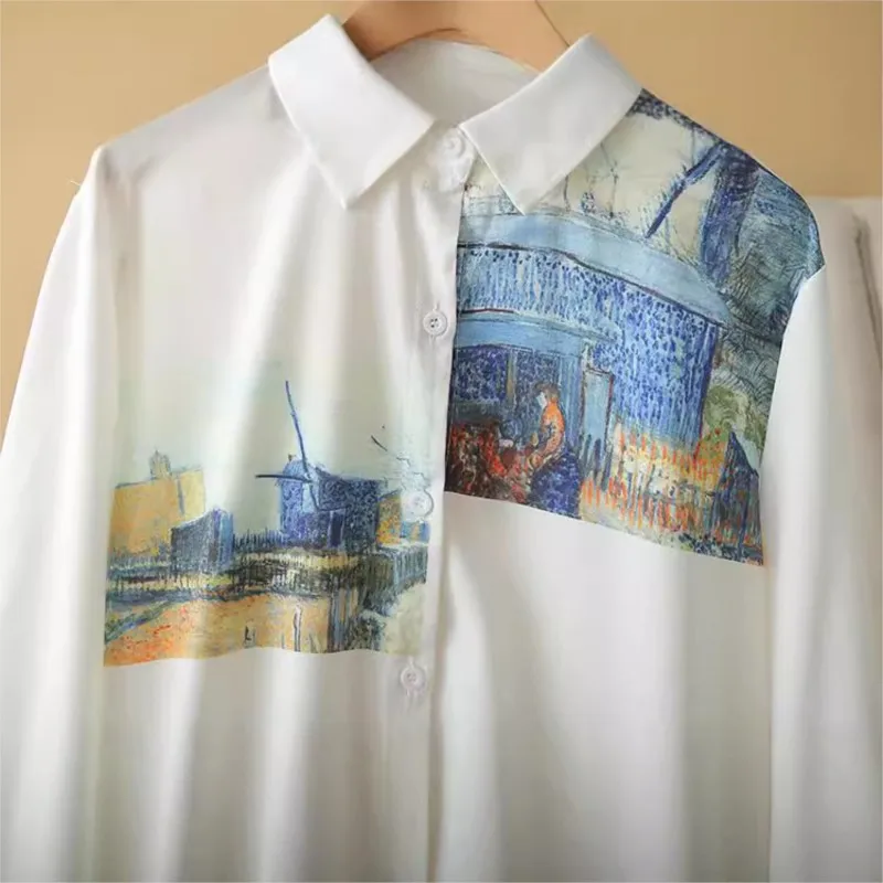 Women's Vintage Print Shirt, Hong Kong Style Print Blouse, Plus Size, Autumn, 8262