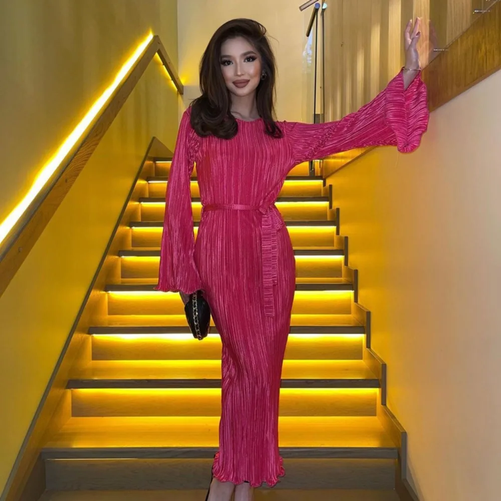 

Pink Long Sleeve Midi Dress for Women Elegant Flare Long Sleeve Slim Dresses Autumn Winter Fashion Folds Evening Party Dress