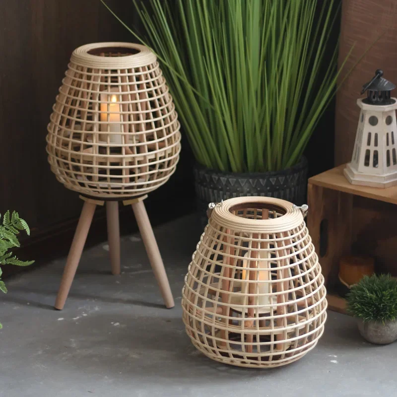 Rattan Floor Wind Lamp with Legs Floor Lamps Creative Candlestick Lamp Courtyard Decoration Lantern Radio Lamp Standing Lights